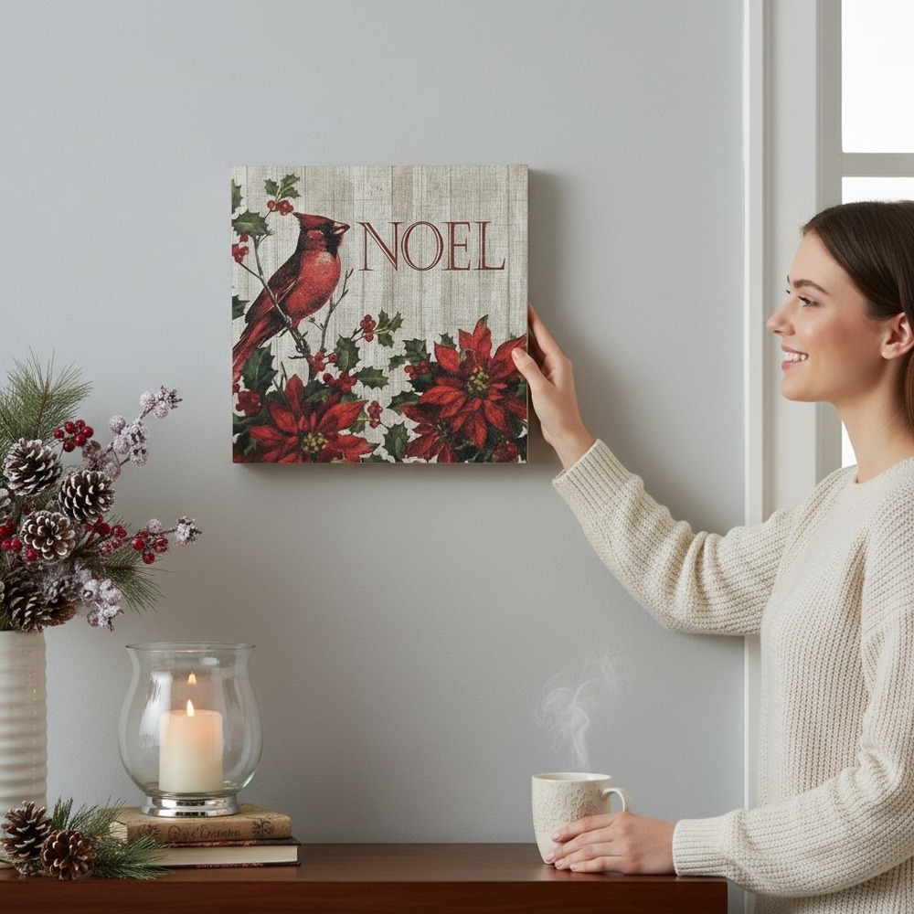 Midwest Seasons Noel Cardinal Sign Unisex OS Red NWOT Wood Glitter Box Art